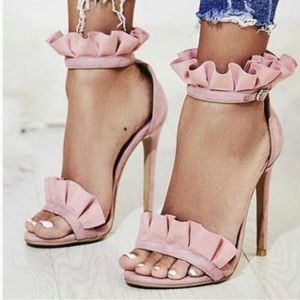 Suede Ankle Strap Open Toe Stiletto Ruffle Sandals